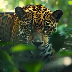 A majestic jaguar prowling through the dense foliage of the bolivian amazon.