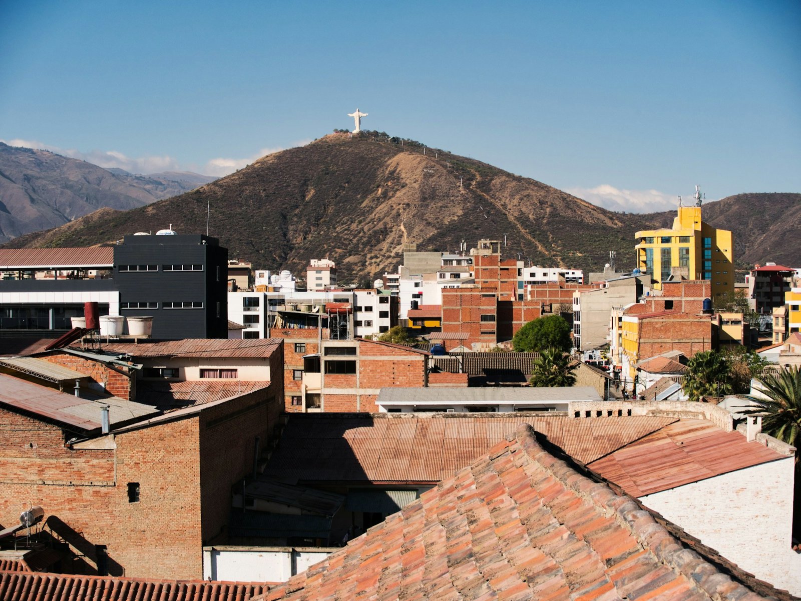 A bustling street food market in cochabamba brimming with vibrant stalls showcasing local specialties like steaming salteñas and grilled anticuchos, set against a backdrop of the city's eclectic modern and historical architecture