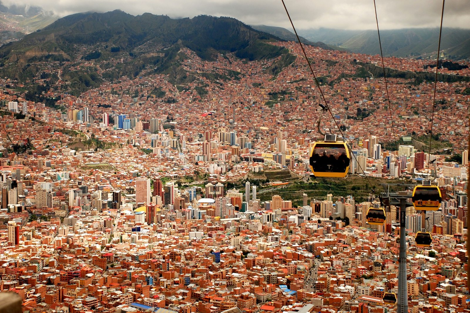 A bustling urban street in la paz, showcasing a vibrant mix of locals and tourists navigating the mi teleférico cable car system above, with colorful market stalls lining the sidewalks that reflect the rich bolivian culture and traditions.