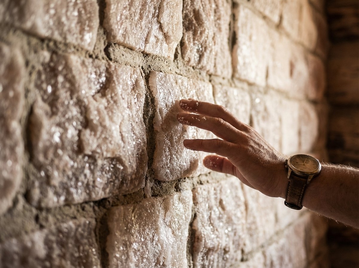 A close-up of a wall made of natural salt blocks in a luxury hotel in Uyuni, Bolivia, showing a hand touching the crystalline texture.