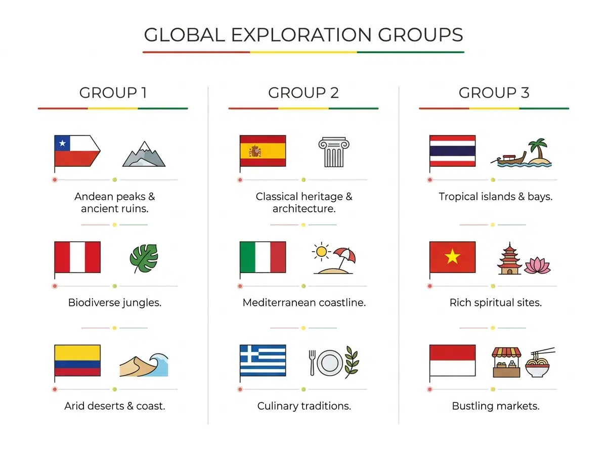 Infographic showing Bolivia's three-group visa system: Group 1, 2 and 3 countries