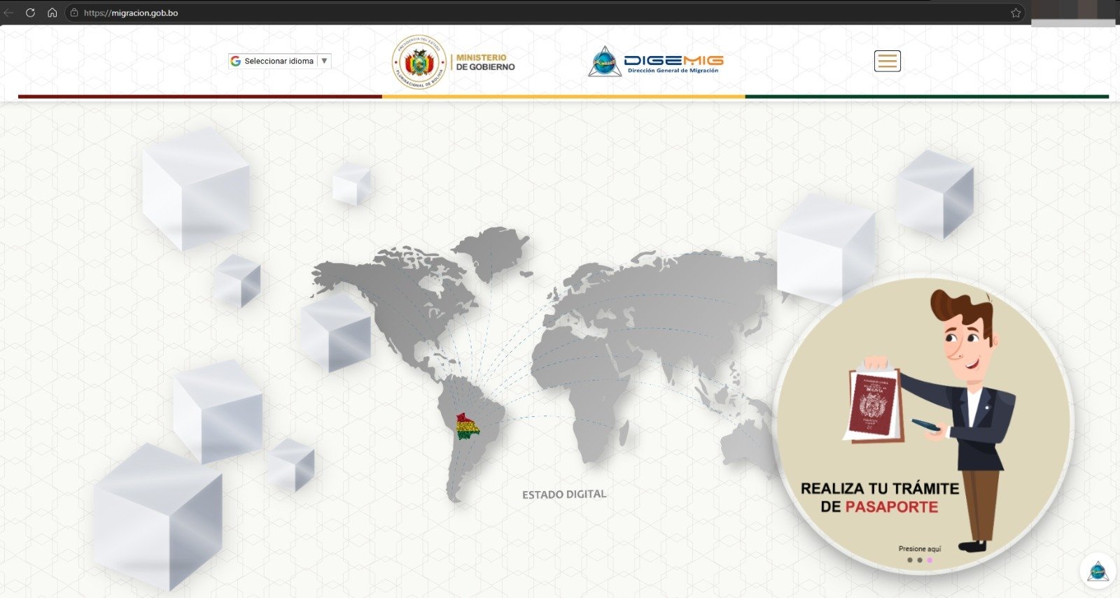 Captura de pantalla del portal SIGEMIG en la que se muestra el formulario de preinscripción de Bolivia