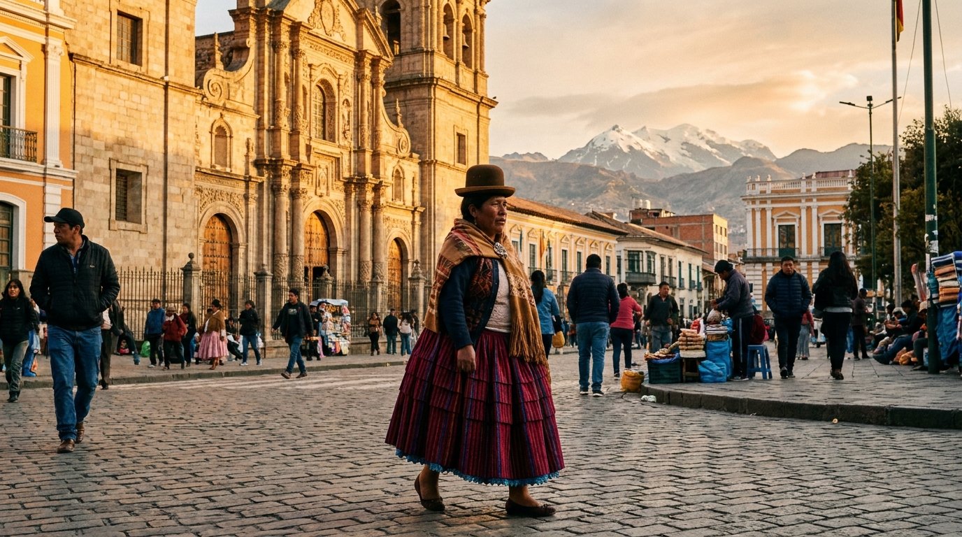A La Paz cholita wearing a pollera and a bowler hat in San Francisco Square in La Paz: a key figure in contemporary Bolivian culture